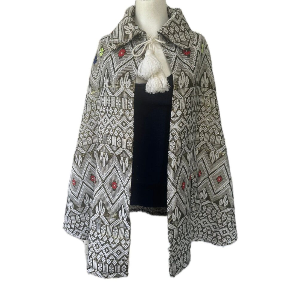 Vintage 60s 70s Pompom Tie Jacquard Geometric Gold Lurex Poncho Cape Arm Slits